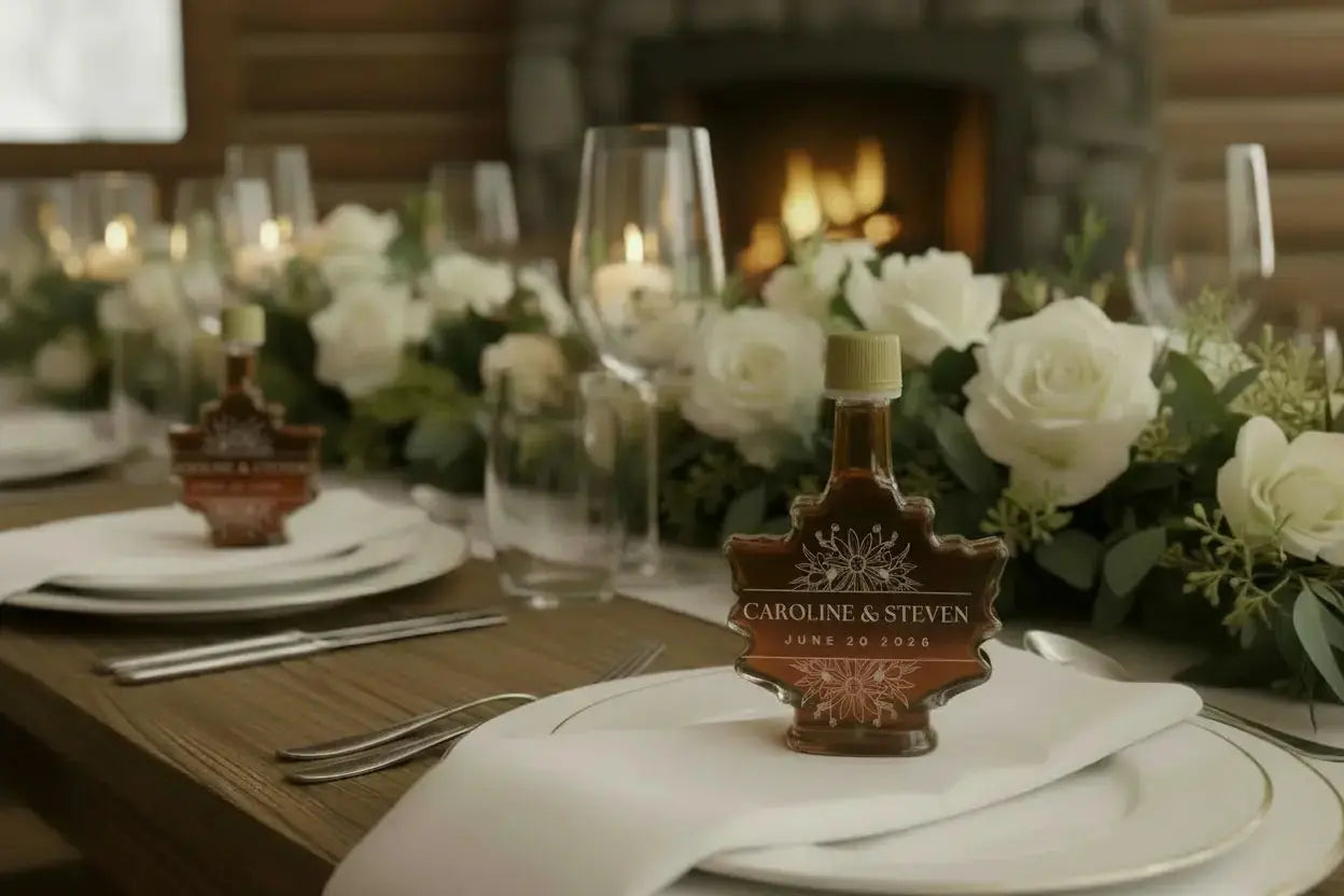 50ml laser-etched maple syrup bottle on a table with flowers and a fireplace