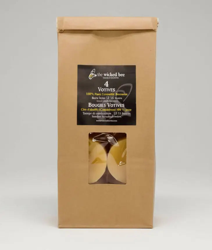 canadian beeswax votives in Kraft paper bag with a label on a white background