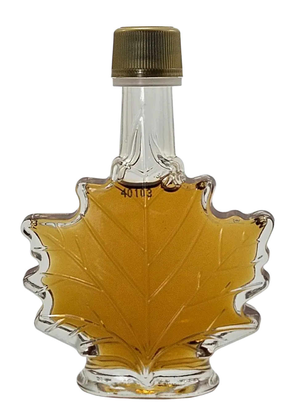 Maple syrup bottle shaped like a leaf on a white background - honey bee naturals