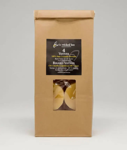 canadian beeswax votives in Kraft paper bag with a label on a white background